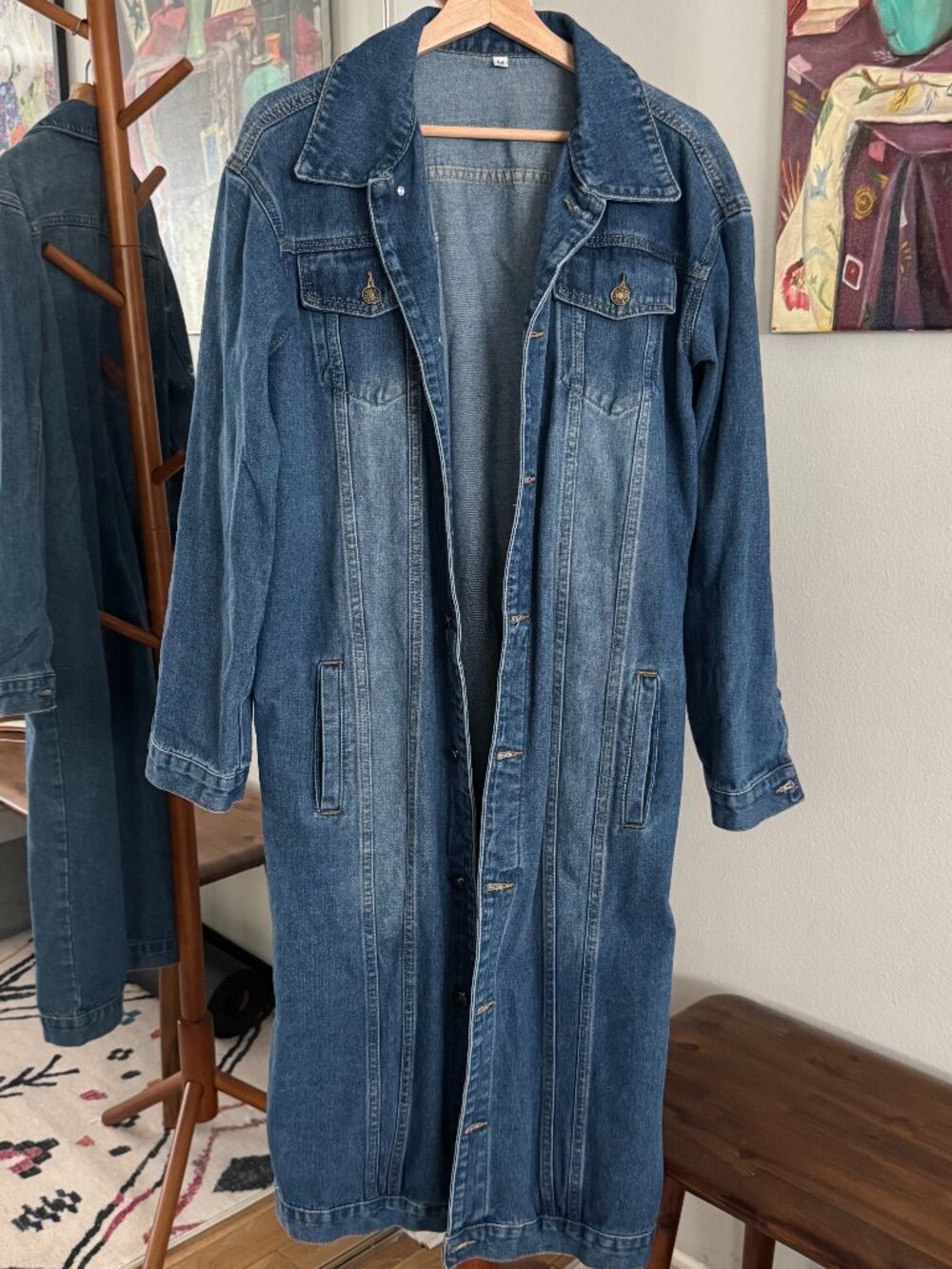 Relaxed Fit Long Denim Duster Coat Trucker Jacket Medium Wash, Size M